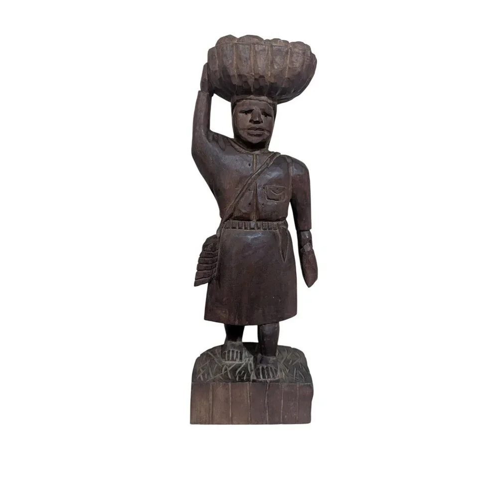 Vintage 1960s Hand Carved‎ Gum Wood Statue Market Woman Basket Head Folk Art